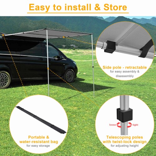 8.2x7.6 ft Car Side Awning Rooftop with LED Light Pull Out