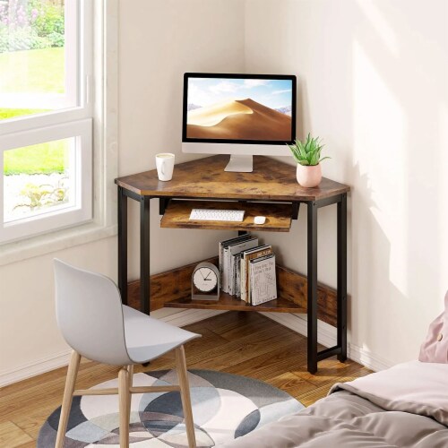 ODK Corner Triangle Computer Desk w/ Storage Space & Keyboard Tray, Rustic Brown Perspective: right