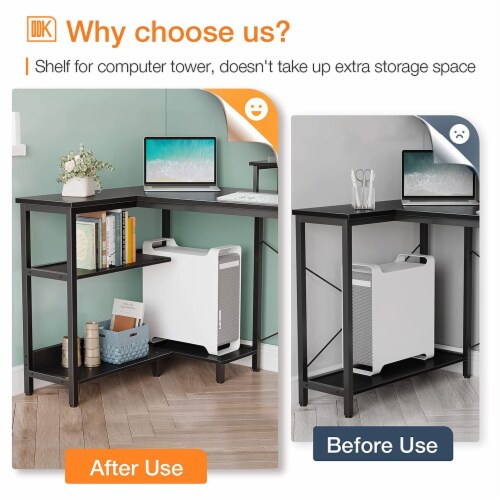 ODK 47 Inch Compact L Shaped Desk with Storage Shelves and Monitor Stand Black 1 Piece Gerbes Super Markets