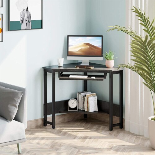 ODK Modern Triangle Corner Computer Writing Desk w/ Smooth Keyboard Tray, Black Perspective: right