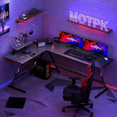 Carbon Fiber L Shaped Gaming Desk with LED Lights