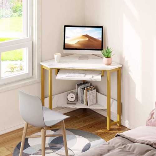 ODK Modern Triangle Corner Computer Desk with Smooth Keyboard Tray, Gold Marble Perspective: right