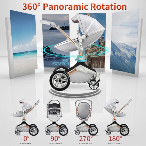 Hot Mom Baby Stroller 360 Degree Rotation Function,Baby Carrige and Egg  Seat Combo PU Leather Baby Pushchair Pram 2023 Light Grid