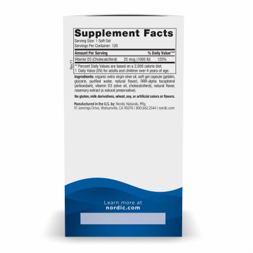 Nordic Naturals Vitamin D3 Soft Gels 250mg 1000 IU Perspective: right