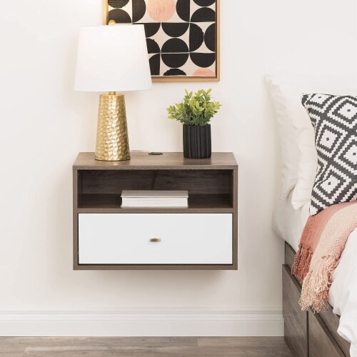 Prepac Floating Nightstand With Open Shelf Drifted Gray and White