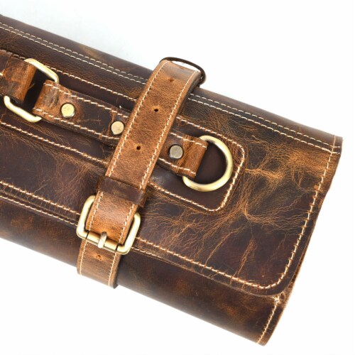 Aaron Leather Goods Tuscania Knife Roll Storage Bag Case, Caramel Brown ...