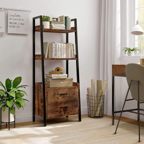 Fabato 3 Tier Display Bookcase with Ladder Shelves and Metal Frame, Rustic Brown Perspective: right