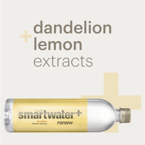 Smartwater+ Renew Vapor Distilled Electrolyte Dandelion Lemon Flavored Bottled Water Perspective: right