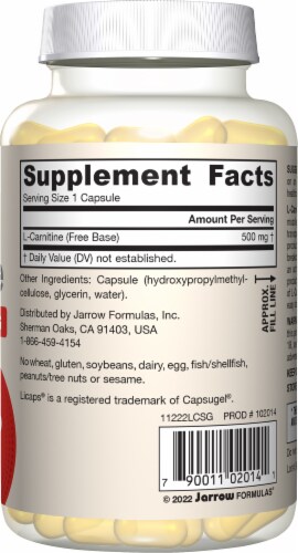 Jarrow Formulas L-Carnitine Veggie Liquid Capsules 500mg Perspective: right