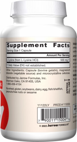 Jarrow Formulas® L-Lysine 500 mg Protein Synthesis Dietary Supplement Capsules Perspective: right
