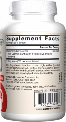 Jarrow Formulas® Phosphatidylserine PS100 Cognition Support Dietary Supplement Softgels 100mg Perspective: right