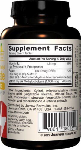 Jarrow Formulas® Vegan Methyl B12 & Methyl Folate plus B6 Lemon Lozenges Chewable Tables Perspective: right