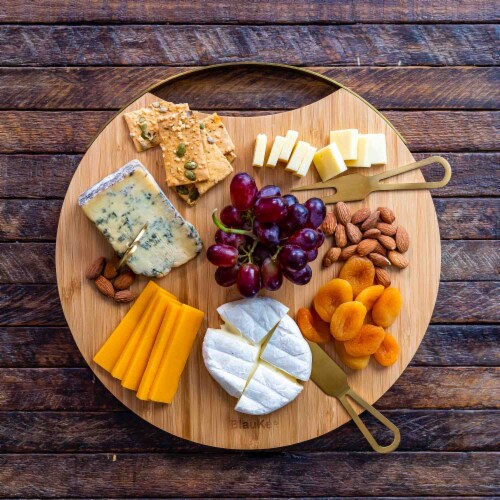 Bamboo Cheese Board and Knife Set with Magnetic Cutlery Storage - 13 Round Charcuterie Board Perspective: right