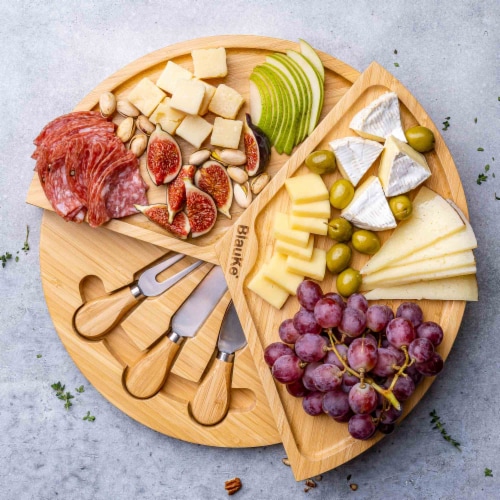 Bamboo Cheese Board and Knife Set - 14 Inch Swiveling Charcuterie Board with Slide-Out Drawer Perspective: right