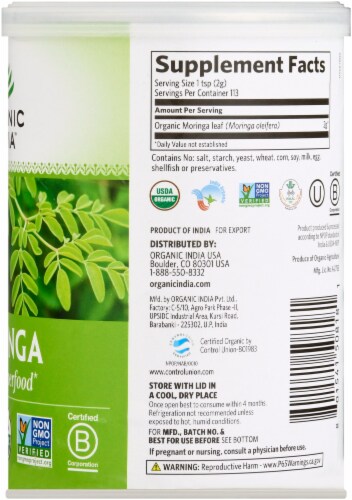 Organic India™ Moringa Organic Leaf Powder Herbal Supplement Perspective: right