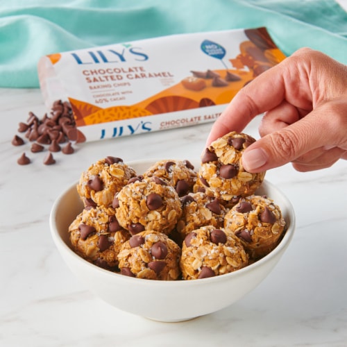 LILY'S Chocolate Salted Caramel Flavored No Sugar Added Baking Chips Bag Perspective: right