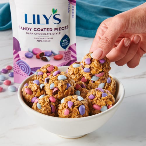 LILY'S Dark Chocolate Style No Sugar Added Candy Coated Pieces Bag Perspective: right