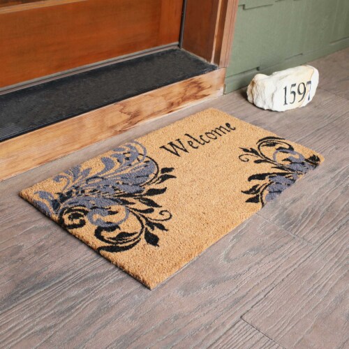 Sunnydaze 17-Inch x 29-Inch PVC and Coir Doormat - Blue Leaf Scroll Perspective: right