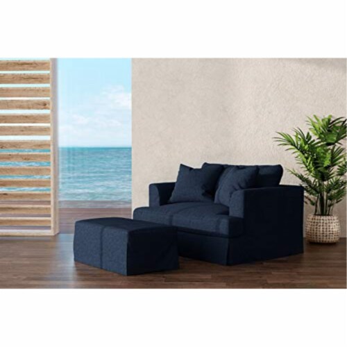 Navy blue chair and a half on sale with ottoman