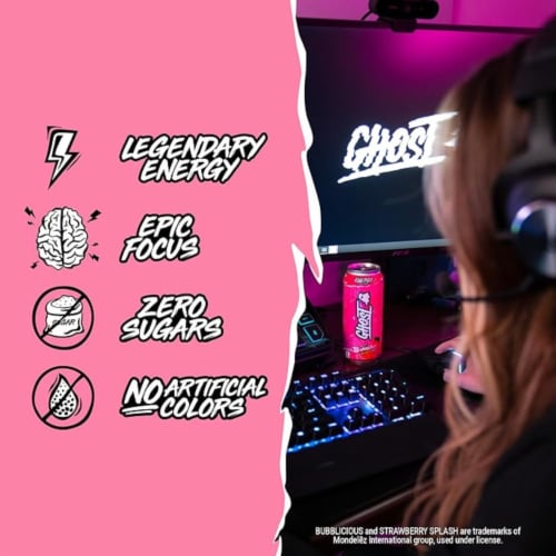 Ghost Zero Sugar Bubblicious Strawberry Splash Energy Drink Can Perspective: right