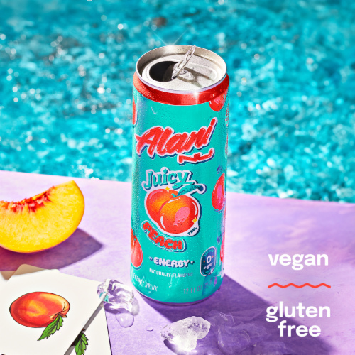 Alani NU Juicy Peach Energy Drink Can Perspective: right