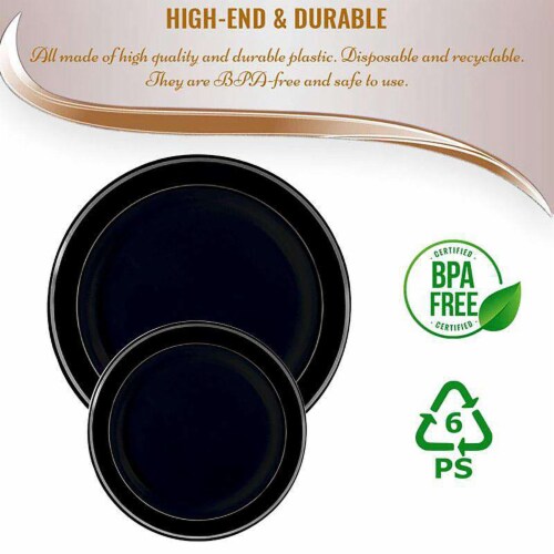 10.25  Black with Silver Edge Rim Plastic Dinner Plates (120 Plates) Perspective: right