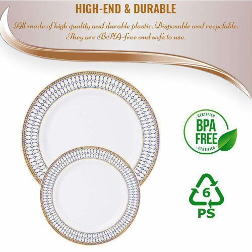 7.5  White with Blue and Gold Chord Rim Plastic Appetizer/Salad Plates (120 Plates) Perspective: right
