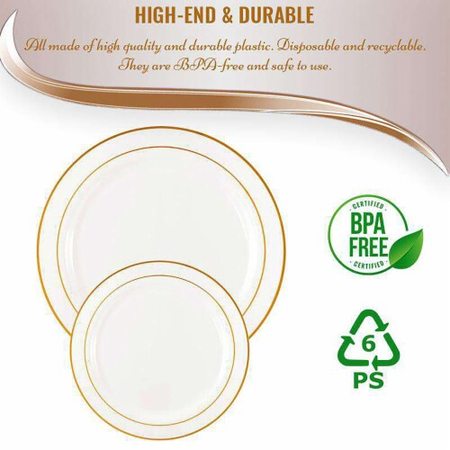 10.25  White with Gold Edge Rim Plastic Dinner Plates (120 Plates) Perspective: right