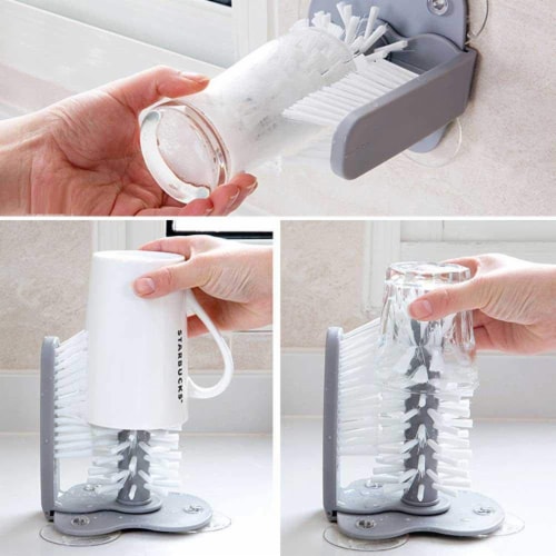 Glass Washer with Double Sided Bristle Brush, Glass Cup Brush Cleaner with Suction Cups Perspective: right