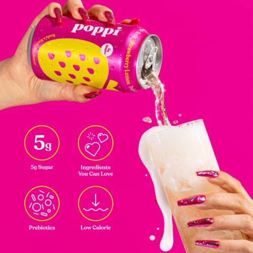Poppi Strawberry Lemon Prebiotic Soda Cans Perspective: right