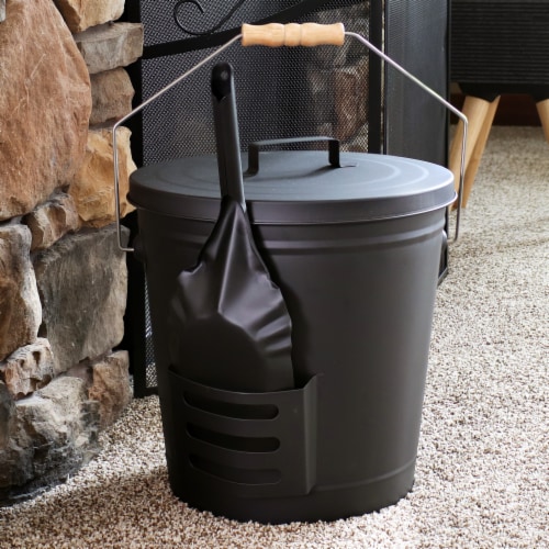 Sunnydaze powder coated steel fireplace ash bucket with lid shovel
