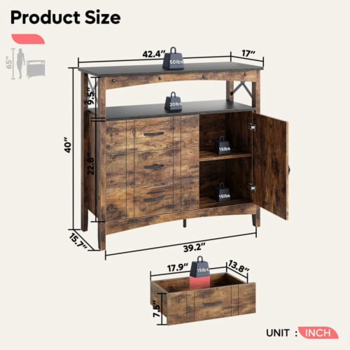Bestier Buffet Hallway & Living Room Storage Cabinet w/ 3 Drawers, Rustic Brown Perspective: right