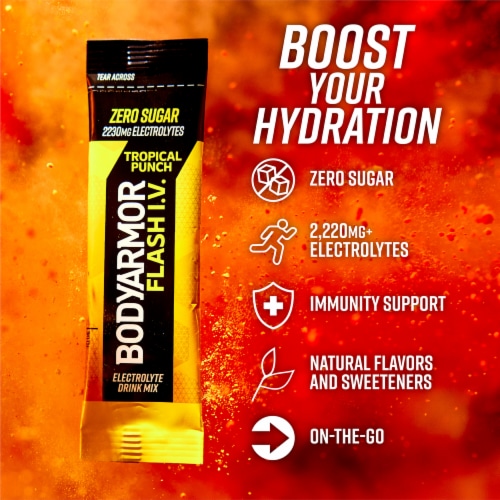 BodyArmor Flash IV Zero Sugar Electrolyte Tropical Punch Drink Mix Packets Perspective: right