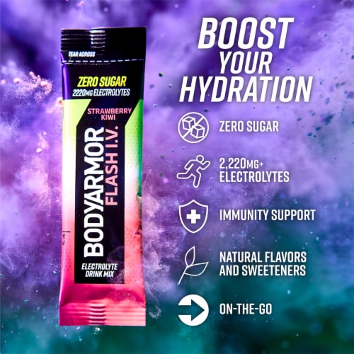 BodyArmor Flash IV Zero Sugar Electrolyte Strawberry Kiwi Drink Mix Packets Perspective: right