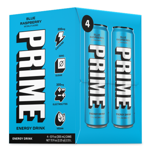 Prime Blue Raspberry Zero Sugar Energy Drink Cans Perspective: right