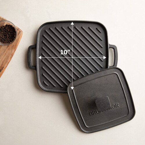 Bruntmor 10  x 10  2-in-1 Reversible Cast Iron Grill Pan w/ Grip Handle & Press Perspective: right