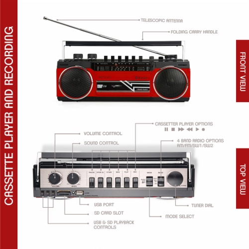 Riptunes Cassette Bluetooth Boombox, AM/FM/ SW-1-SW2, USB, SD, and AUX-in- Red Perspective: right