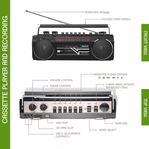 Riptunes Cassette Bluetooth Boombox, AM/FM/ SW-1-SW2, USB, SD, and AUX-in- Black Perspective: right