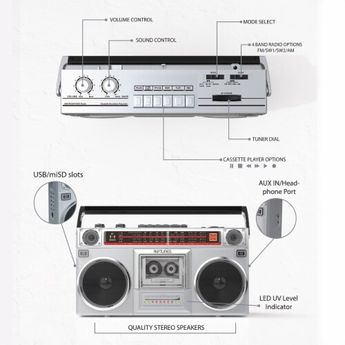 Riptunes Radio Cassette Stereo Boombox With Bluetooth Audio - Silver, 1 -  Fry's Food Stores