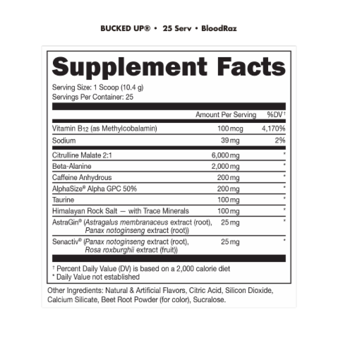 Bucked Up® Pre-Workout Blood Raz Dietary Supplement Perspective: right