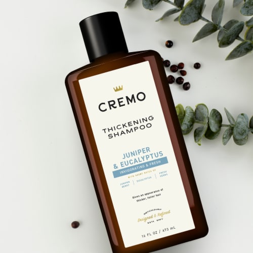Cremo Thickening Shampoo For Men Juniper & Eucalyptus Scent Adds Body + Texture + Thickens Hair Perspective: right