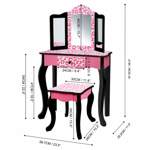 Teamson Kids Vanity Table and Stool Set in Black and Pink Leopard Perspective: right