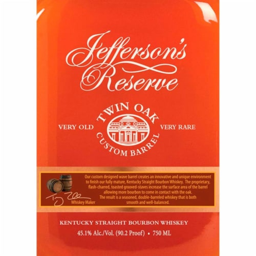 Jefferson's Reserve Twin Oak Custom Barrel Kentucky Straight Bourbon Whiskey Perspective: right