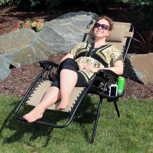 Sunnydaze Zero Gravity Lounge Lawn Chair with Pillow and Cup Holder - Khaki Perspective: right