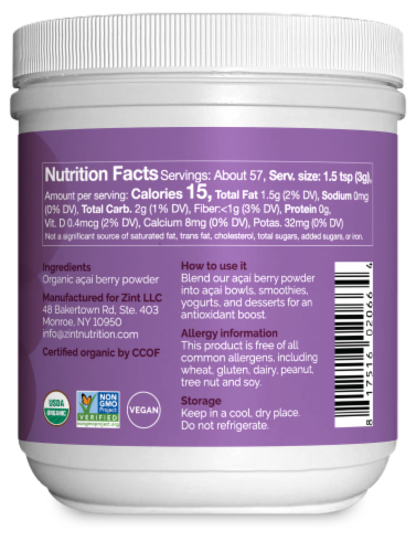 Zint Organic Freeze-Dried Acai Berry Powder Perspective: right
