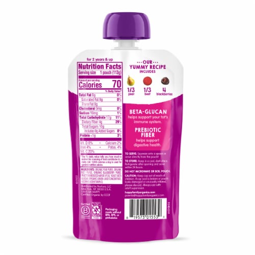 Happy Tot Super Bellies Stage 4 Immune+Digestive Support Blend Pears Beets Blackberries Pouch Perspective: right