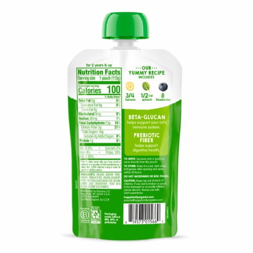 Happy Tot Super Bellies Stage 4 Immune + Digestive Support Bananas Spinach & Blueberries Pouch Perspective: right