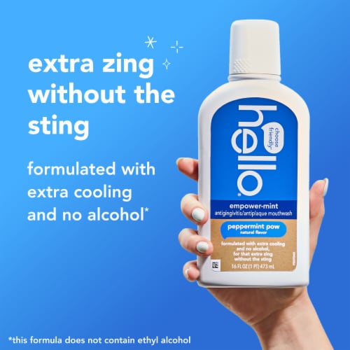 hello Empower Mint Fluoride Free and Alcohol Free Mouthwash Peppermint Pow 16 Fl Oz Bottle Perspective: right