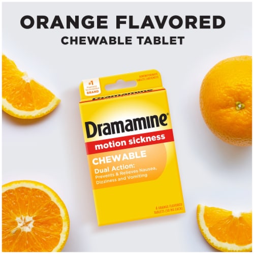 Dramamine Motion Sickness Orange Flavored Chewable Tablets Perspective: right