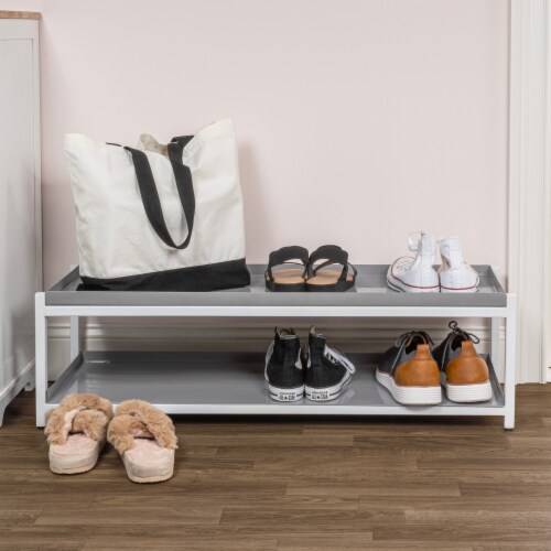 Industrial Compact 10.75 6 Pair 2 Tier Iron Shoe Rack Gray White 38 x 12.5 x 10.75 Pick n Save